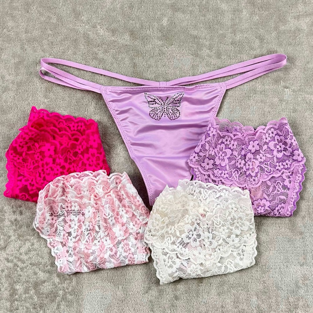 Victorias Secret Panty Bundle 5pc Floral Lace Satin Rhinestone Butterfly Thong M
